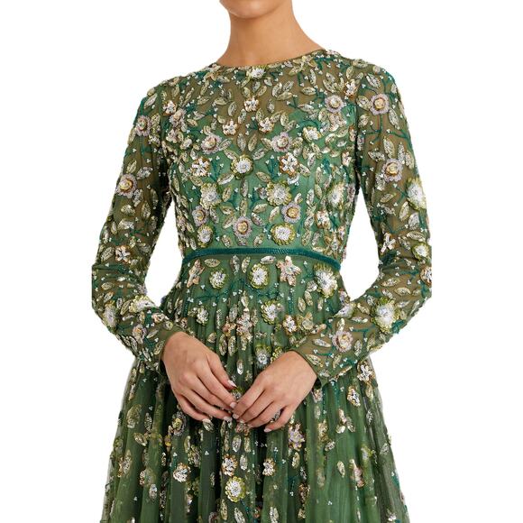 Embellished High Neck Long Sleeve A Line Gown - Sage A-line - Picture 3 of 3